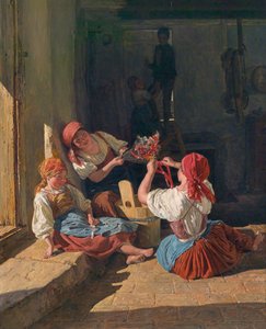 Børn, der pynter en værnepligtigs hat. Maleri af Ferdinand Georg Waldmuller (1793-1865), olie på træ af Ferdinand Georg Waldmuller
