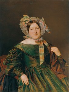Kvinde i en grøn, lakserød iriserende kjole af Ferdinand Georg Waldmuller