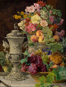 Stilleben med frugt, blomster og en sølvpokal af Ferdinand Georg Waldmuller