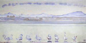 Ni svaner foran et bjergrigt landskab; Genèves havn, med ni svaner, fra Quai du Mont Blanc, 1915 af Ferdinand Hodler