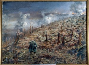 Første Verdenskrig (1914-1918): “Dødens kløft i Verdun” Landskab af ruiner og aske efter slaget. Maleri af Ferdinand Joseph Gueldry (1858-1945) 1916 Paris. Museum for de to verdenskrige