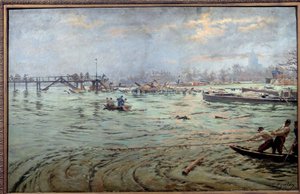 Udsigt over broen og dæmningen af Estacaden i Paris under den store oversvømmelse i 1910 Maleri af Ferdinand Joseph Gueldry (1858-1945) 1910. Paris, Musee Carnavalet. Forsigtig! Brug af dette værk kan være underlagt en anmodning om tredjepartsgodkendelse e
