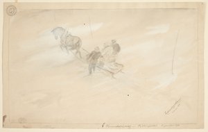En slæde set fra oven, der trækkes af en hest, med to siddende personer og en stående ved siden af, alle set bagfra af Ferdinand Kjerulf Tranaas