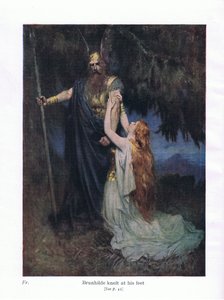 Brunhilde knælede ved hans fødder, illustration fra The Stories of Wagner
