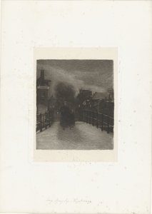 Gammel kvinde med barn på en bro Vinteraften (titel på objekt) af Ferdinand Oldewelt (signed by artist)