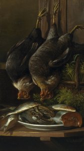 Stilleben med høns og fisk