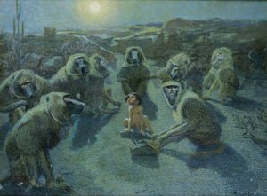 Mowgli fanget af aber (olie og blæk på lærred) af Ferdinand Schebek