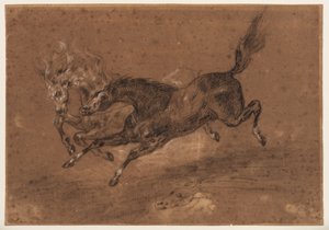 Løbende heste (recto); Nøgen, skægget mand, siddende (verso), ca. 1800-1899 (sort og hvidt kridt (recto), sort og hvidt kridt og brun lakering (verso), på brunt, præpareret papir) af Ferdinand Victor Eugene (follower of) Delacroix