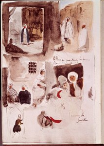 Album fra Nordafrika og Spanien: Gader, vægge og butikker med figurer stående eller siddende inklusive Smirnes mand. Akvarel med blæk og pen af Eugene Delacroix (1798-1863) 1832 Søn. 0,19x0,12 m Paris, musee du Louvre af Ferdinand Victor Eugene Delacroix