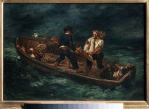 "Efter et skibbrud" (også kaldet "Forladte skibsvrag i en kano") Overlevende fra et skibsvrag på en tømmerflåde. Maleri af Eugene Delacroix (1798-1863) 1847 Pushkin Museum of Fine Arts, Moskva af Ferdinand Victor Eugene Delacroix