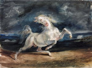 Cheval effraye par la foudre - Hest skræmt af lynet - Delacroix, Eugene (1798-1863) - 1825-1829 - Akvarel, Gouache på papir - 23,6x32 - Szepmuveszeti Muzeum, Budapest af Ferdinand Victor Eugene Delacroix