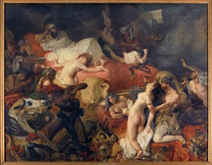 Sardanapales død. Sardanapale, assyrisk konge, der blev belejret af oprør, fik sine koner og heste slagtet, før han dræbte sig selv. Maleri af Eugene Delacroix (1798-1863) af Ferdinand Victor Eugene Delacroix