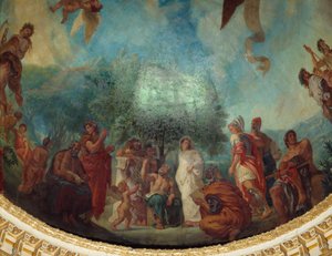Nedstigning til Limbes: gruppen af berømte: fra venstre mod højre, Demosthene (siddende), Xenophon, Platon og Sokrates, Aspasie (hvid), Apelle, Alexander den Store, Aristoteles og Achilles siddende. Maleri af Eugene Delacroix (1798-1863), der dekorerer kup af Ferdinand Victor Eugene Delacroix
