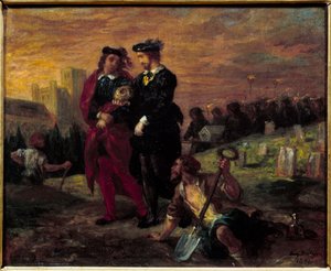 Hamlet og Horatio på kirkegården. V. akt af William Shakespeares skuespil "Hamlet". Maleri af Eugene Delacroix (1798-1863) Ec. Fr. af Ferdinand Victor Eugene Delacroix