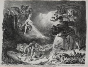 Illustrationer til Faust: Marguerites skygge dukker op for Faust, 1828. af Ferdinand Victor Eugene Delacroix