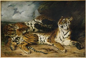 Ung tiger leger med sin mor ... af Ferdinand Victor Eugene Delacroix