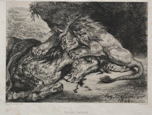 Løve fortærer en hest, 1844. af Ferdinand Victor Eugene Delacroix