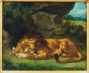 Løve fortærer en kanin - en løve fortærer en hare ... af Ferdinand Victor Eugene Delacroix