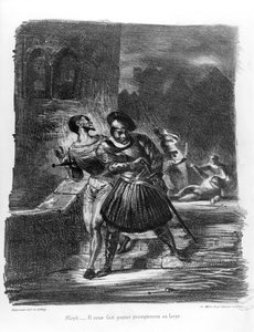 Mephistopheles og Faust undslipper efter Valentins død, fra Goethes Faust, 1828, (illustration), (bw foto af litografi)