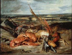 Stilleben med hummer og trofæer af jagt og fiskeri - olie på lærred af Ferdinand Victor Eugene Delacroix