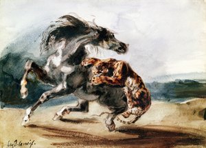Tiger angriber en vild hest (pen & blæk og akvarel på papir) af Ferdinand Victor Eugene Delacroix