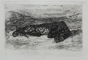 Tiger liggende i ørkenen. af Ferdinand Victor Eugene Delacroix