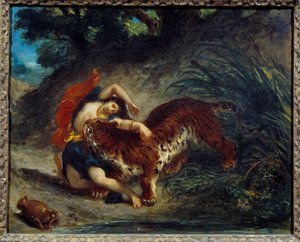 Ung kvinde taget væk af en tiger eller indisk bidt af en tiger. Maleri af Eugene Delacroix (1798-1863) af Ferdinand Victor Eugene Delacroix