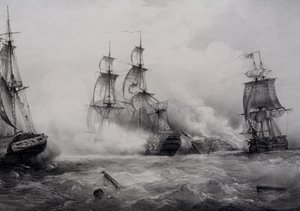 Kamp mellem britiske og amerikanske tredjerangs sejlskibe med 74 kanoner, litografi af Ferdinand Perrot af Ferdinand Victor Perrot