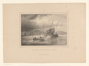 Strandet brig mellem de høje bølger Mursten a la cote (titel på objekt) Naval Studies af Ferdinand Victor Perrot (serietitel) af Ferdinand Victor Perrot