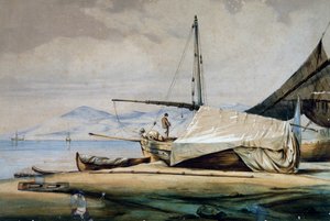 Leudi, ligurisk fiskerbåd, farvelitografi af Ferdinand Perrot