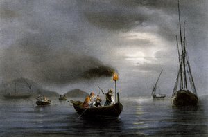 Natfiskeri med fiskelampe, farvet litografi af Ferdinand Perrot (1808-1841)