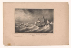 Redding van de bemanning fra skibsreparatøren Redning af besætningen på skibet Le Reparateur, fra Bordeaux af skibet Jules de Nantes i stormen 1825. (Ile Bourbon) (titel på objektet) Rivieren en zeeën langs af Franse kust (serie tit