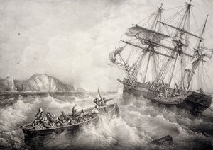 Redning af besætningen på bretonsk fiskerbåd af det svenske skib Le Neptune, Litografi af Ferdinand Perrot