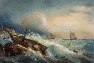 Skibsvrag ved Saint Nazaires kyst, farvelitografi af Ferdinand Perrot, Frankrig