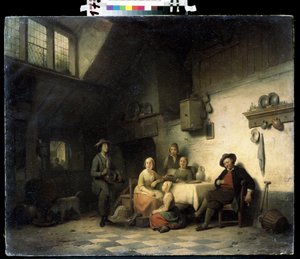 ""Le concert prive"" (Huskoncert) En familie, der er samlet i et beskedent interiør i Belgien, lytter til en musiker, der spiller på en skive. Maleri af Ferdinand de Braekeleer den Ældre (1792-1883) Mikhail Kroshitsky Art Museum fra det 19. århundrede, Sev