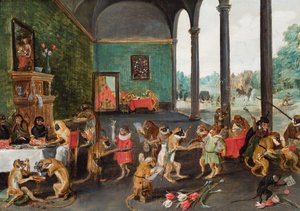 A monkey feast (olie på panel) af Ferdinand van Kessel