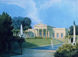 Udsigt over Charlottenhof fra haven, 1855 (pen & blæk og wc på papir) af Ferdinand von Arnim
