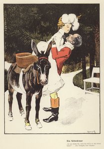Mand hjælper en kvinde med at stige af et æsel (farve litho)