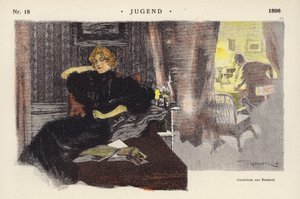 Kvinde hjemme om aftenen (farve litho) af Ferdinand von Reznicek