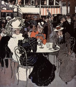 Kvinde taler ved et bord uden for en cafe. Illustration af Von Reznicek i: Simplicissimus, Tyskland