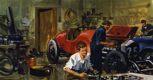 Juan-Manuel Fangio var i lære hos racerkøreren Viggiano (farvelitografi)