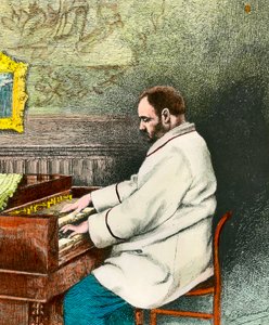 Portræt af Emile Zola (1840-1902), der spiller orgel. Stik af Desmoulin (1800-tallet). Saml. Gå ud. af Fernand Desmoulin