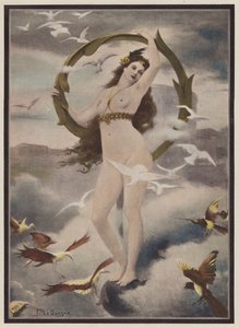 Kvinde omgivet af fugle (farve litho)
