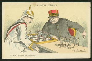 Postkort, satirisk i farver: Hein! I Snack You - War of 14 -18, Tyskland Preussen - William II, Joffre, Soldiers Illustration af Gottlob (1873-1935)
