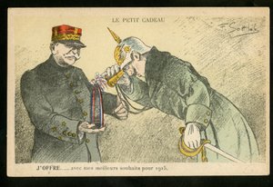 Postkort, satirisk i farver, ca. 1914_12: En lille gave, jeg tilbyder med mine bedste ønsker for 1915 - 14. -18. krigen, kanoner, skaller - Vilhelm II, Joffre Illustration af Gottlob (1873-1935)
