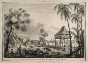 MALASPINA, Alejandro (1754-1809). Italiensk-spansk navigatør og opdagelsesrejsende; BRAMBILA, Fernando (1763-1834). Maler. Malaspina-ekspeditionen. Filippinerne (1792). Landsbyen Zamboanga. Tegning af Fernando Brambila. Tegning. SPANIEN. MADRID (SELVSTYREN
