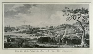 MALASPINA, Alejandro (1754-1809). Italiensk-spansk navigatør og opdagelsesrejsende; BRAMBILA, Fernando (1763-1834). Maler. Australien (18. årh.). Den engelske koloni New South Wales. Tegning af Fernando Brambila, der illustrerer Alejandro Mal