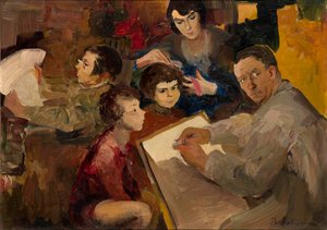 Selvportræt med familie - Maleri af Filipp Andreyevich Maliavin (Maliavine) (eller Andreyevich Malyavin) (1869-1940), olie på lærred (46,5x64,5 cm), russisk kunst, slutningen af ​​det 19.-begyndelsen af ​​det 20. århundrede - Privat samling
