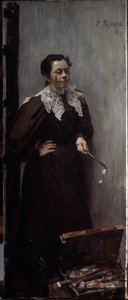 Portræt af kunstneren Anna Ostroumova Lebedeva (Ostroumova-Lebedeva) (1871-1955) (Portræt af kunstneren A. Ostroumova). Repræsenteret stående bag sit malerudstyr, med en kikkert på næsen og et andet par i hånden. Maleri af Filipp And