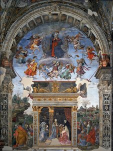 Jomfruens himmelfart og nedenfor St. Thomas Aquinas, der præsenterer for Maria kardinal Oliviero Carafa Fresco af filippinske Lippi (1457-1504) 1488-1492 Rom, Kirken Santa Maria sopra Minerva, Kapel Carafa Italien af Filippino Lippi